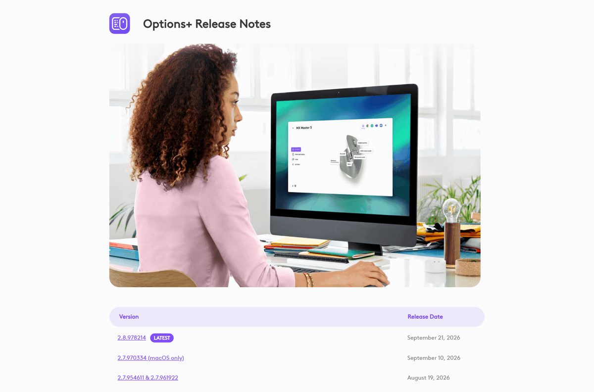 Release notes listing recent Logi Options+ builds with their dates