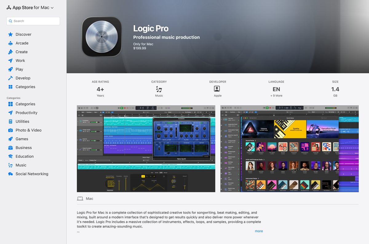 Mac App Store listing showing the price, developer and size
