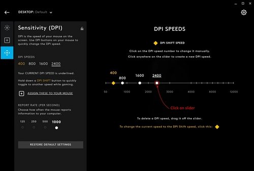 Logitech G HUB DPI Speeds slider with a new speed being added