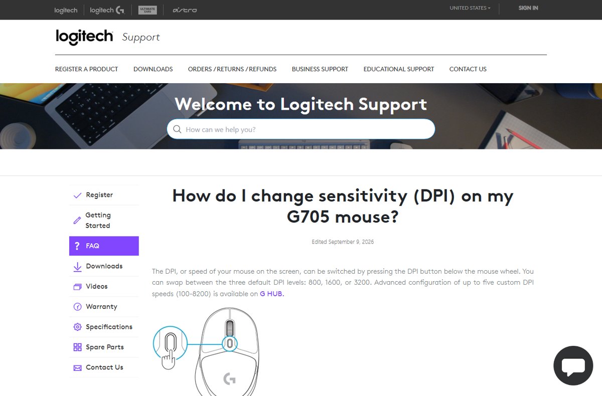 Logitech G705 mouse diagram with DPI button highlighted below the wheel