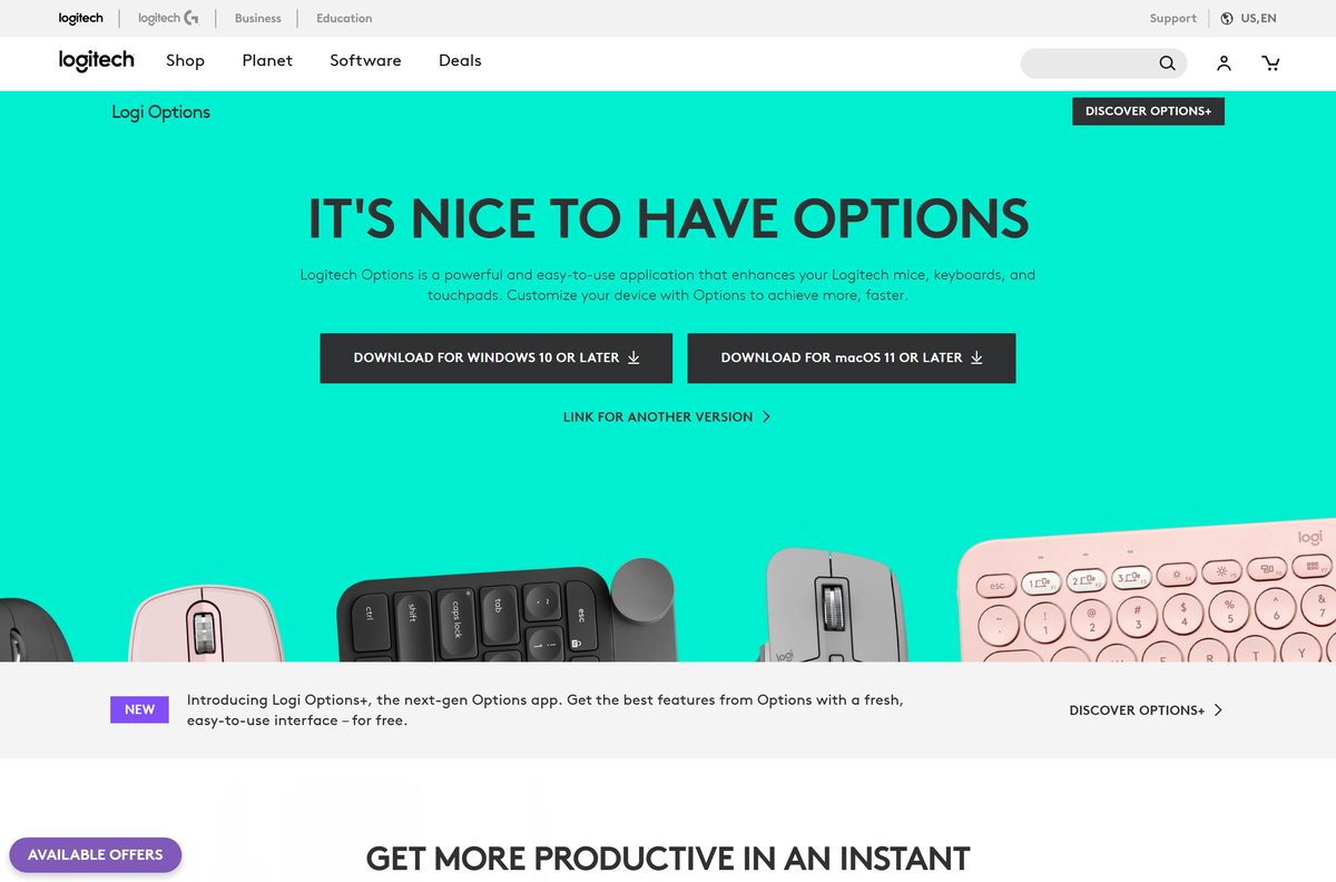 Logitech Options page still offering the retired customization app