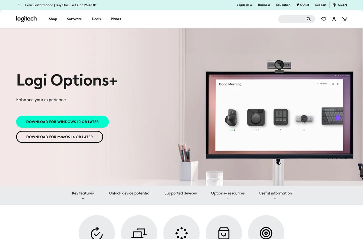 Logi Options+ software page with the Windows and Mac download buttons