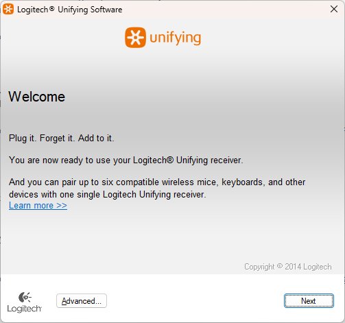 Logitech Unifying Software Welcome screen with Advanced and Next buttons