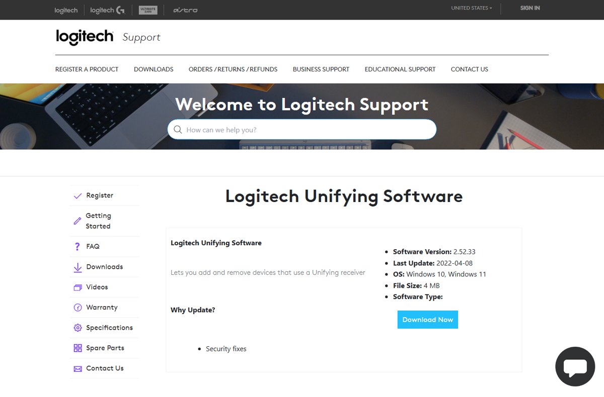 Logitech support page listing Unifying Software version 2.52.33 with a Download Now button