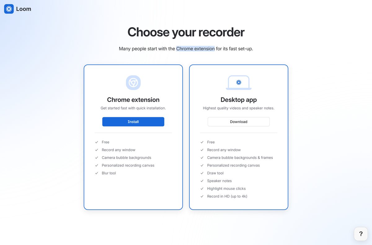 Loom download page showing the extension and desktop recorder choices