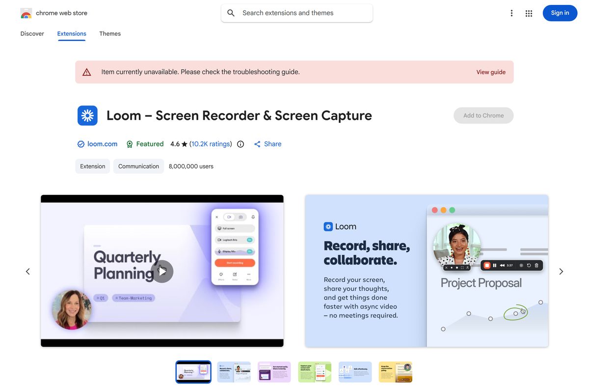 Chrome Web Store listing for the Loom screen recorder extension