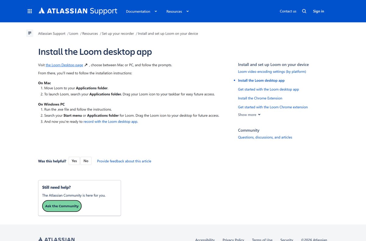 Atlassian support page with install instructions for the desktop recorder