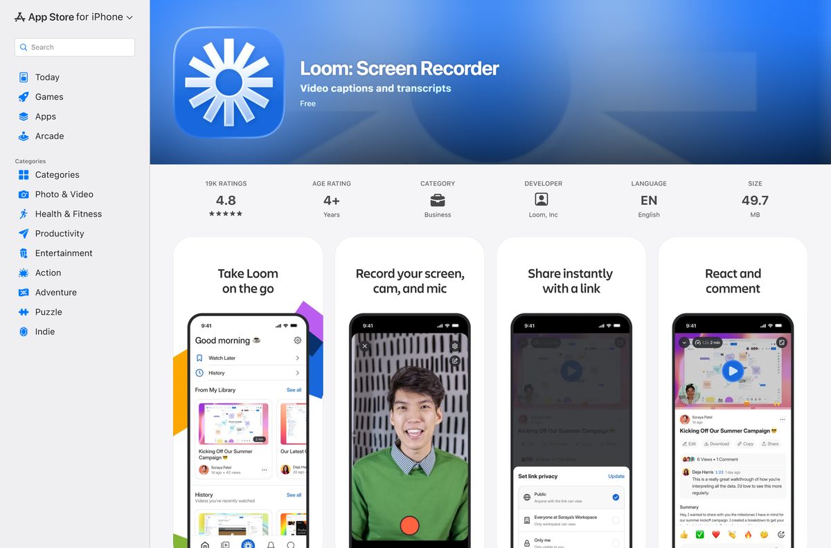 App Store listing for Loom on iPhone and iPad
