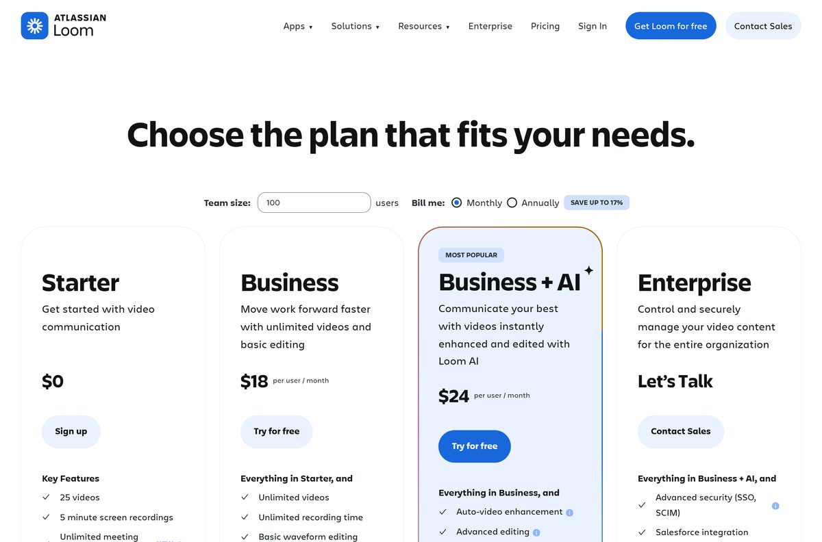 Loom pricing page with Starter, Business and Enterprise plan columns