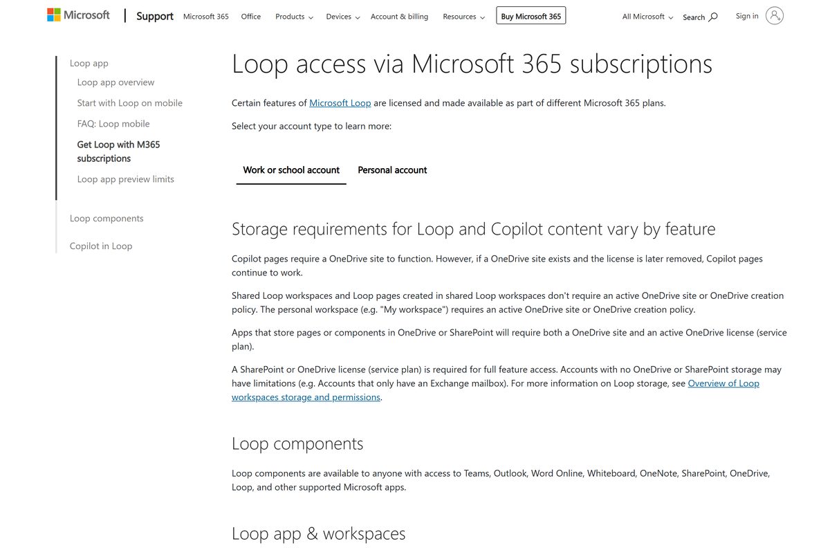 Microsoft support page explaining Loop access across Microsoft 365 plans