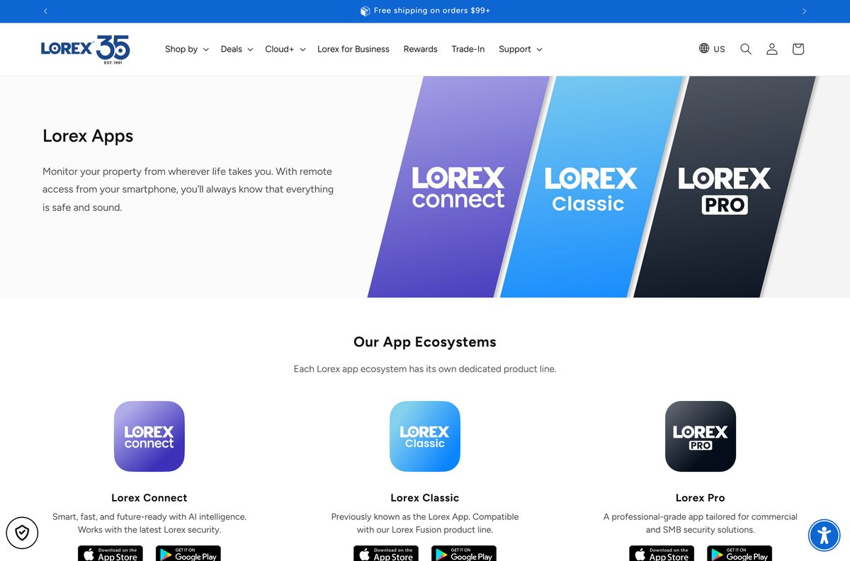 Lorex Apps page comparing Connect, Classic and Pro apps