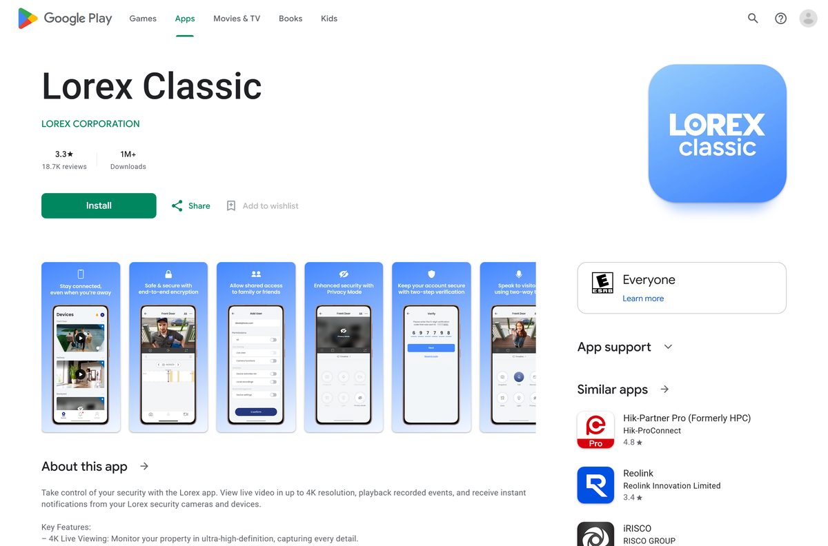 Google Play listing for the Lorex Classic app with downloads