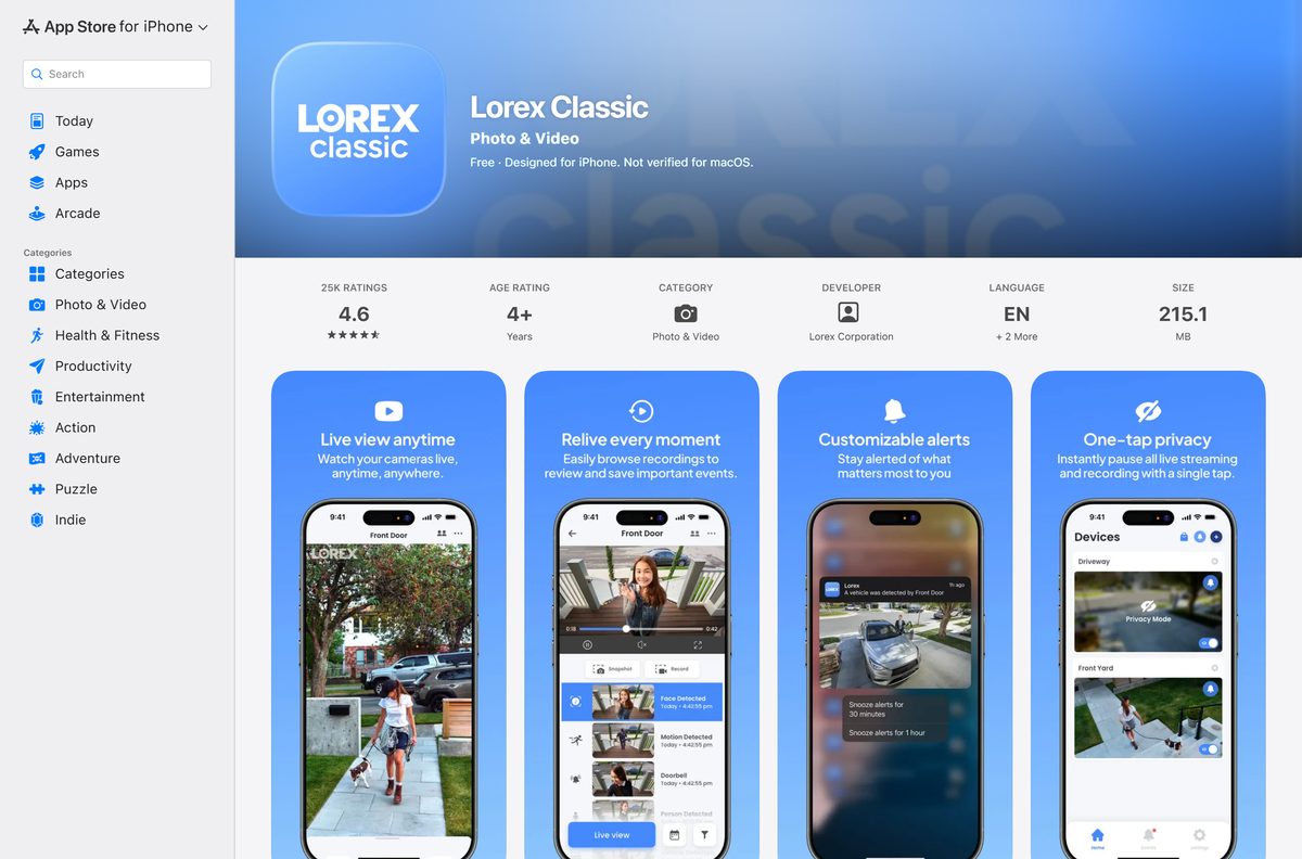 App Store listing for the Lorex Classic app with size and rating
