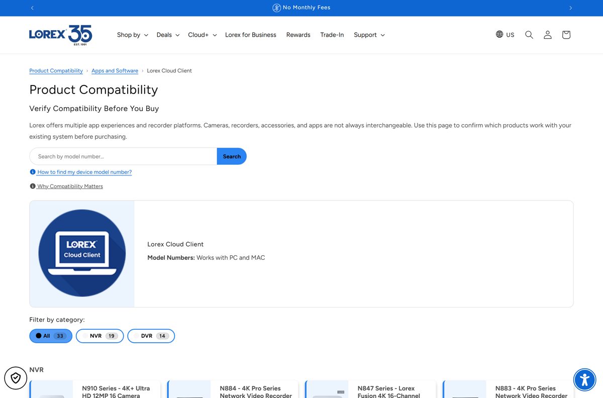 Lorex compatibility tool showing recorders that work with the desktop client