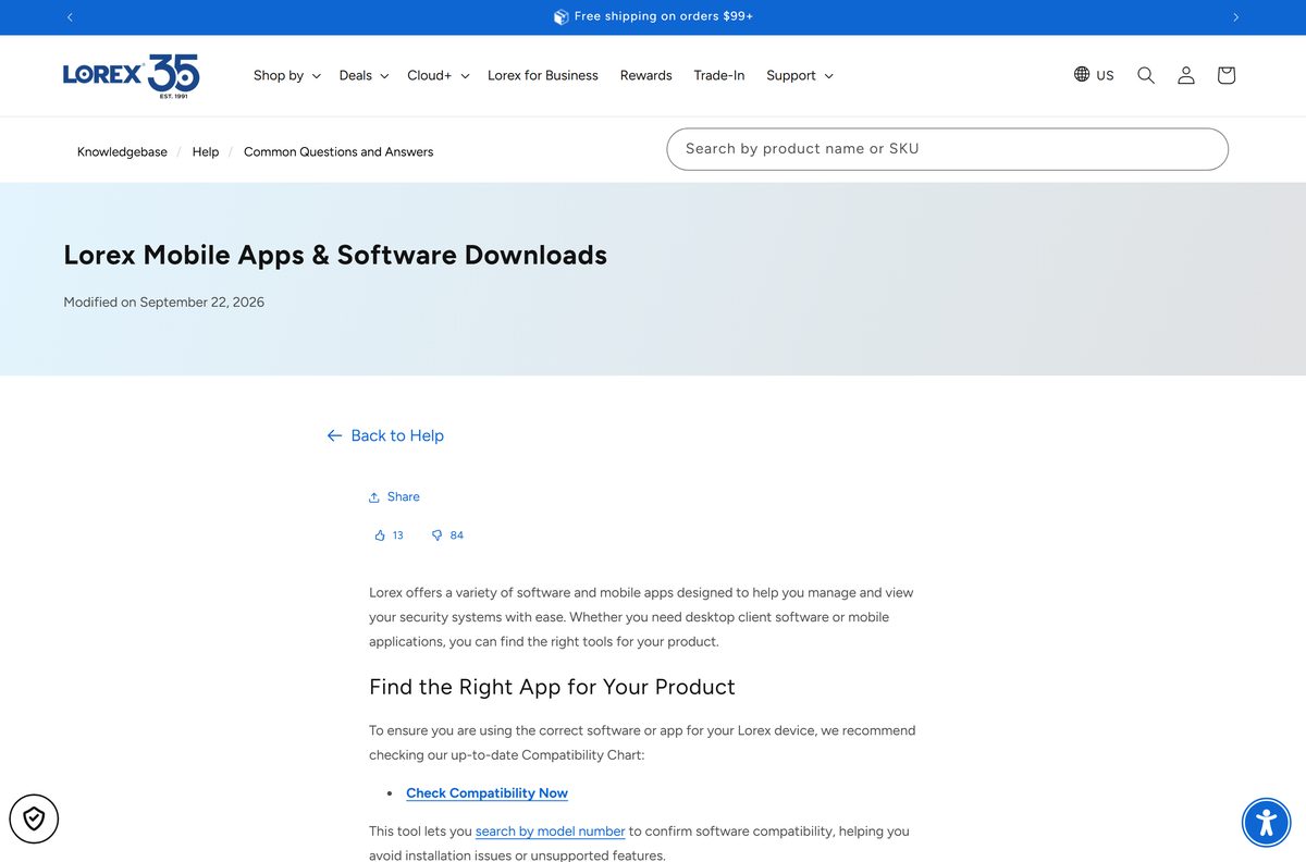 Lorex help article listing mobile apps and desktop client downloads