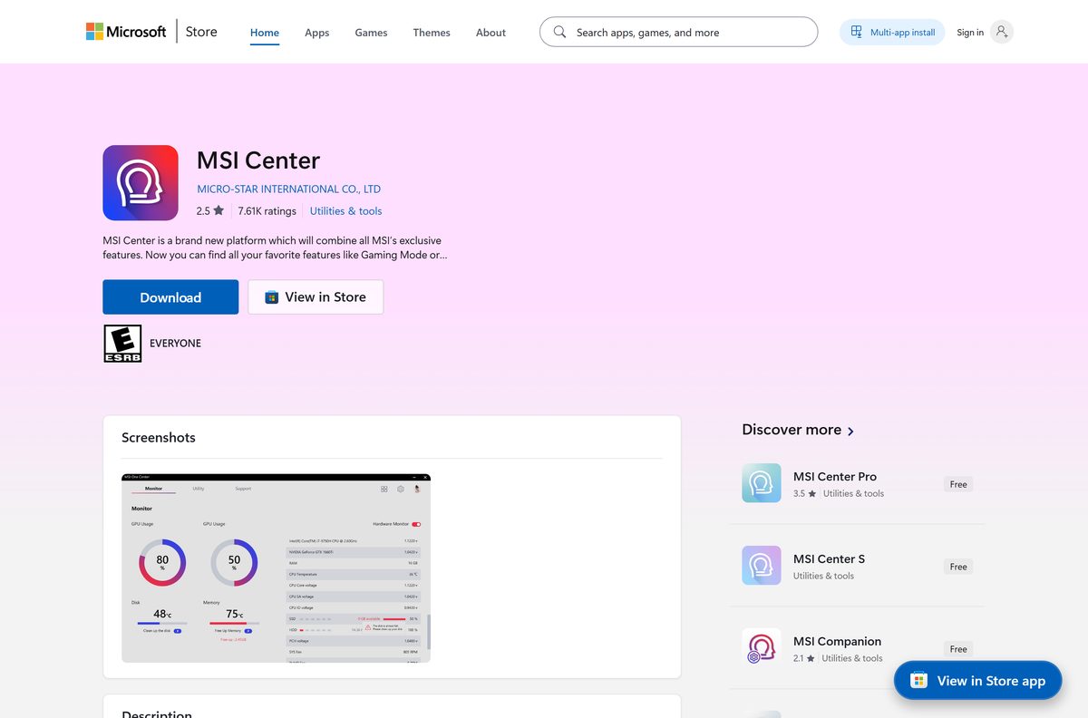 Microsoft Store listing for MSI Center with its publisher and price