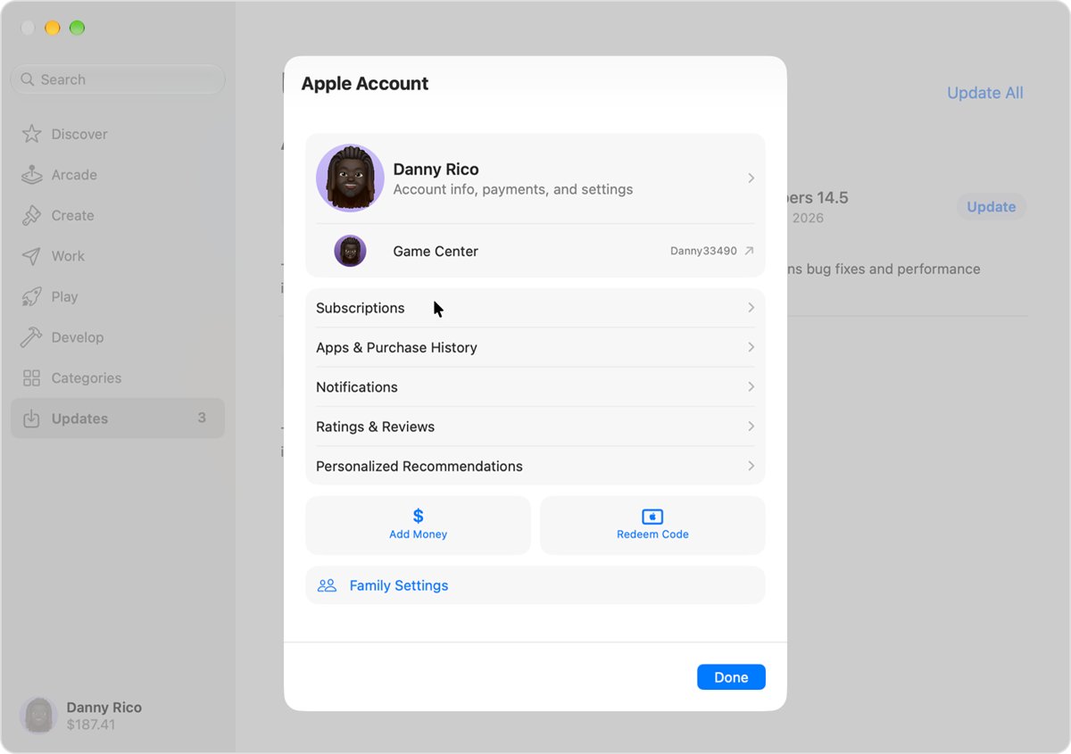 Mac App Store Apple Account menu with Apps and Purchase History