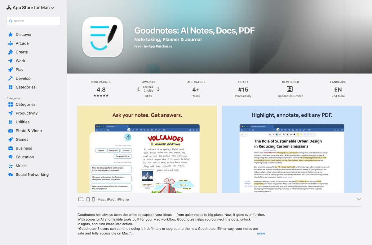 Mac App Store listing for Goodnotes showing size and compatibility