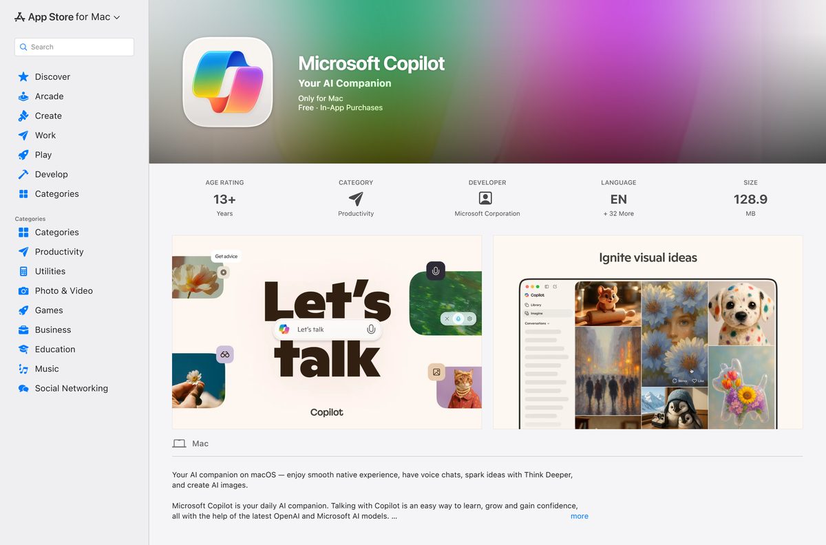 Mac App Store page for Microsoft Copilot showing price and system needs