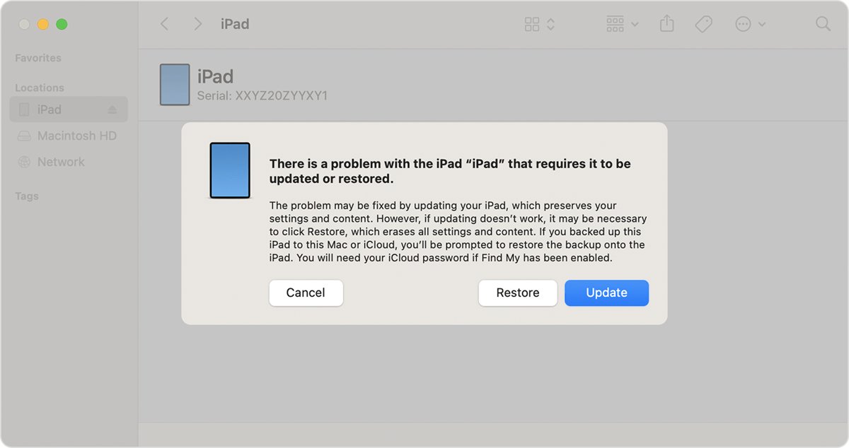 Mac Finder dialog offering to update or restore an iPad