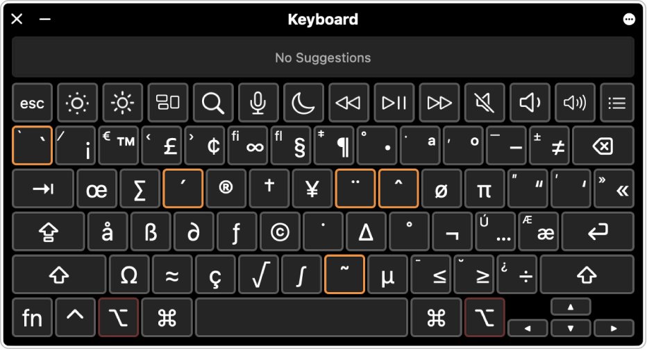 Mac Keyboard Viewer with dead keys highlighted in orange outlines