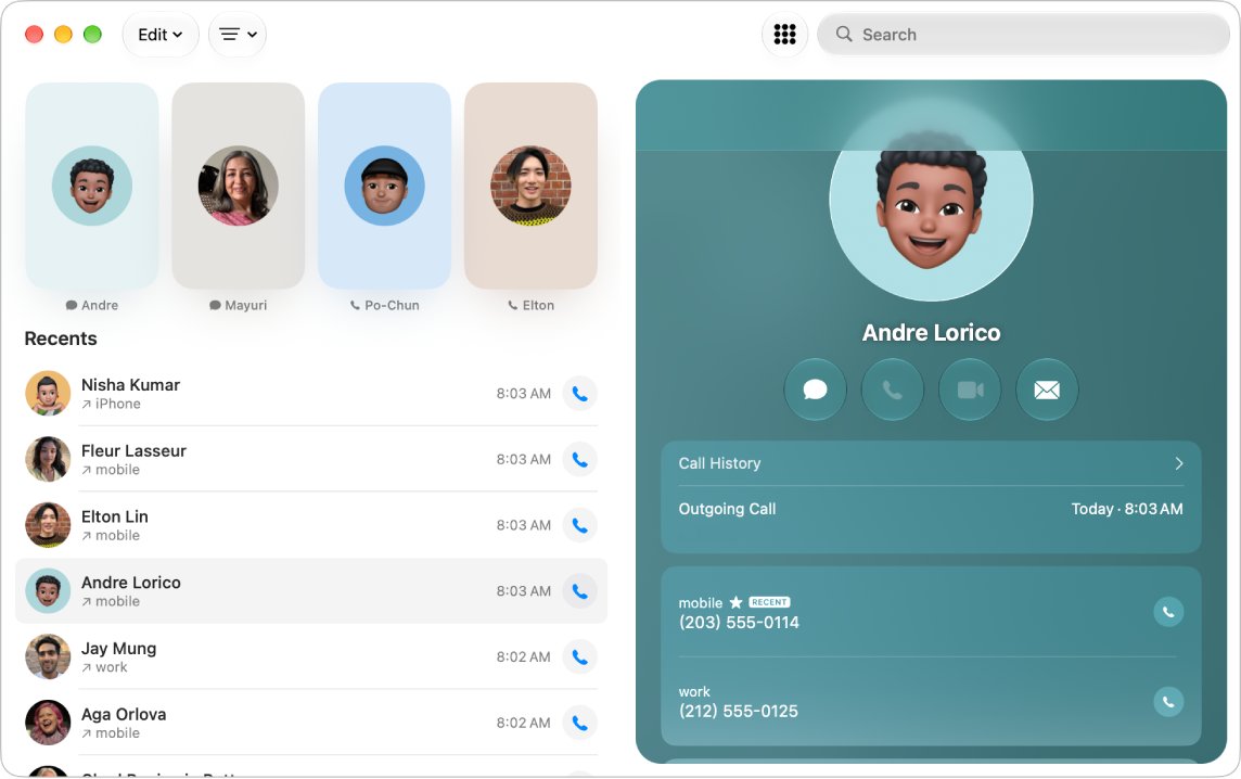 Mac Phone app with Recents list and a contact's call history
