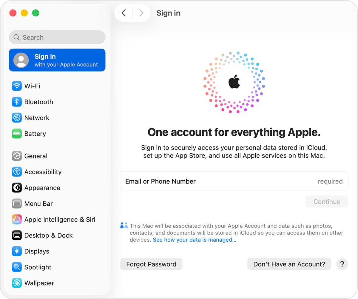 Mac System Settings sign-in panel asking for an Apple Account email