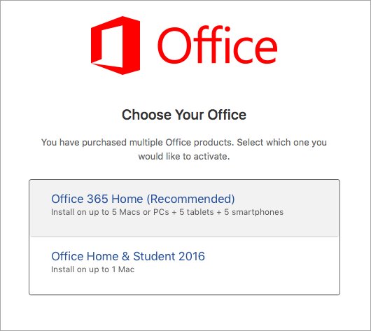 Mac activation screen listing two purchased Office licenses to pick from