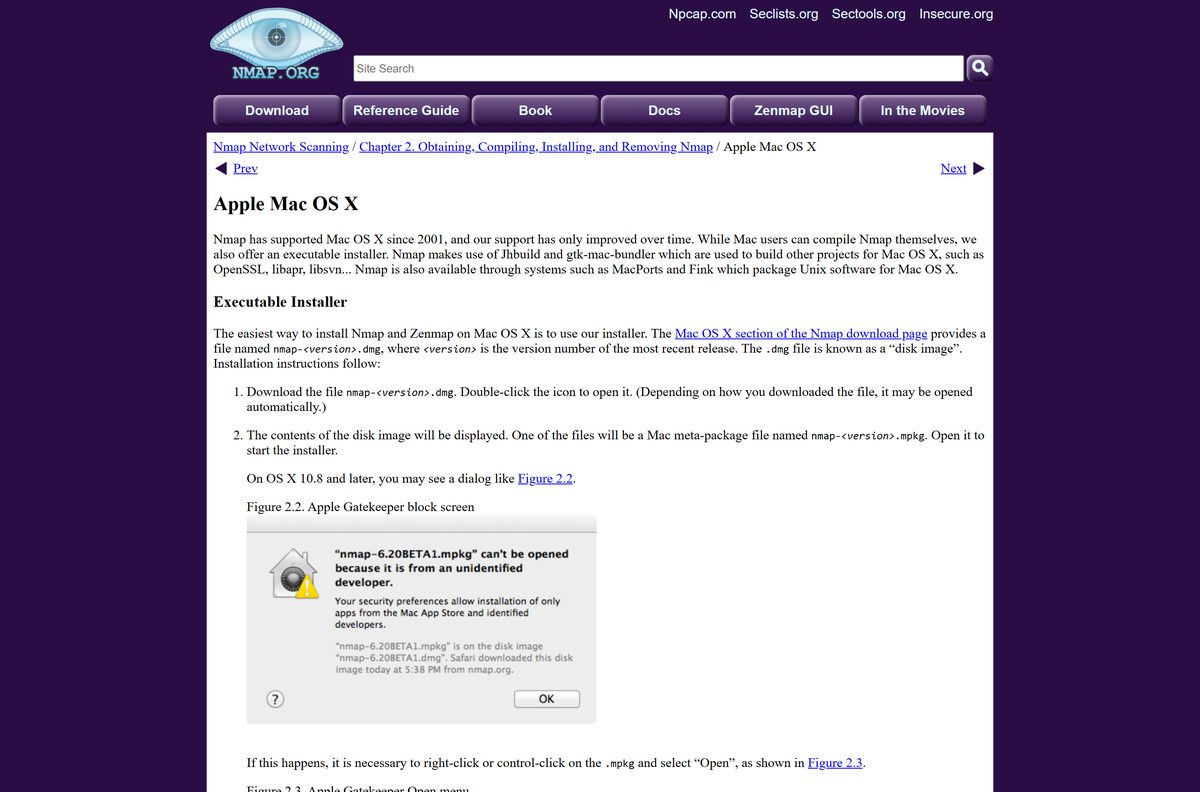 Nmap Mac install guide covering the disk image and Gatekeeper prompt