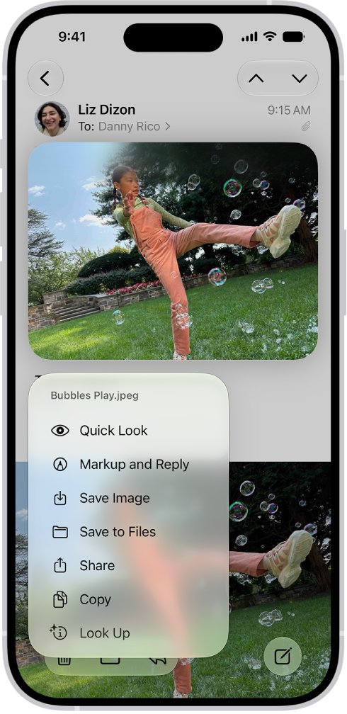 Mail attachment menu with Save to Files and Save Image options