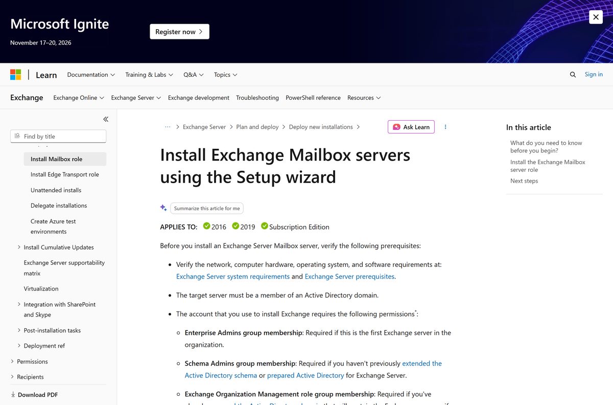 Microsoft documentation walking through the Mailbox role setup wizard pages