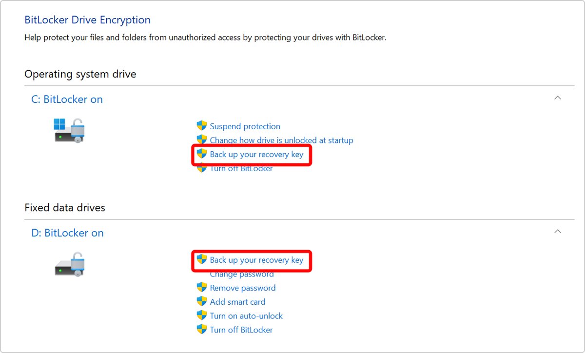 Manage BitLocker screen with Back up your recovery key highlighted