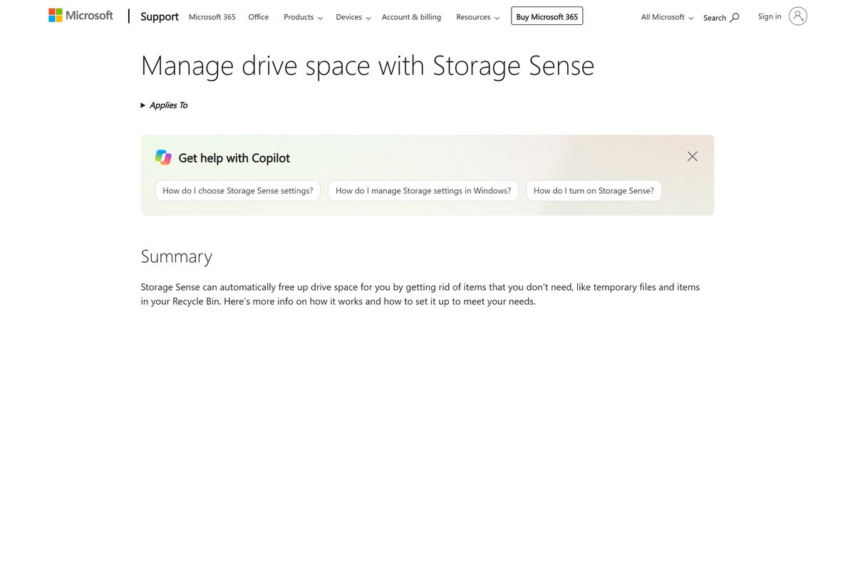 Microsoft support page explaining how Storage Sense frees drive space