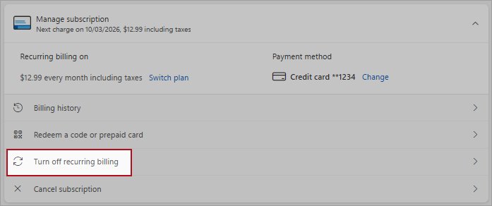 Manage subscription panel with Turn off recurring billing highlighted in red