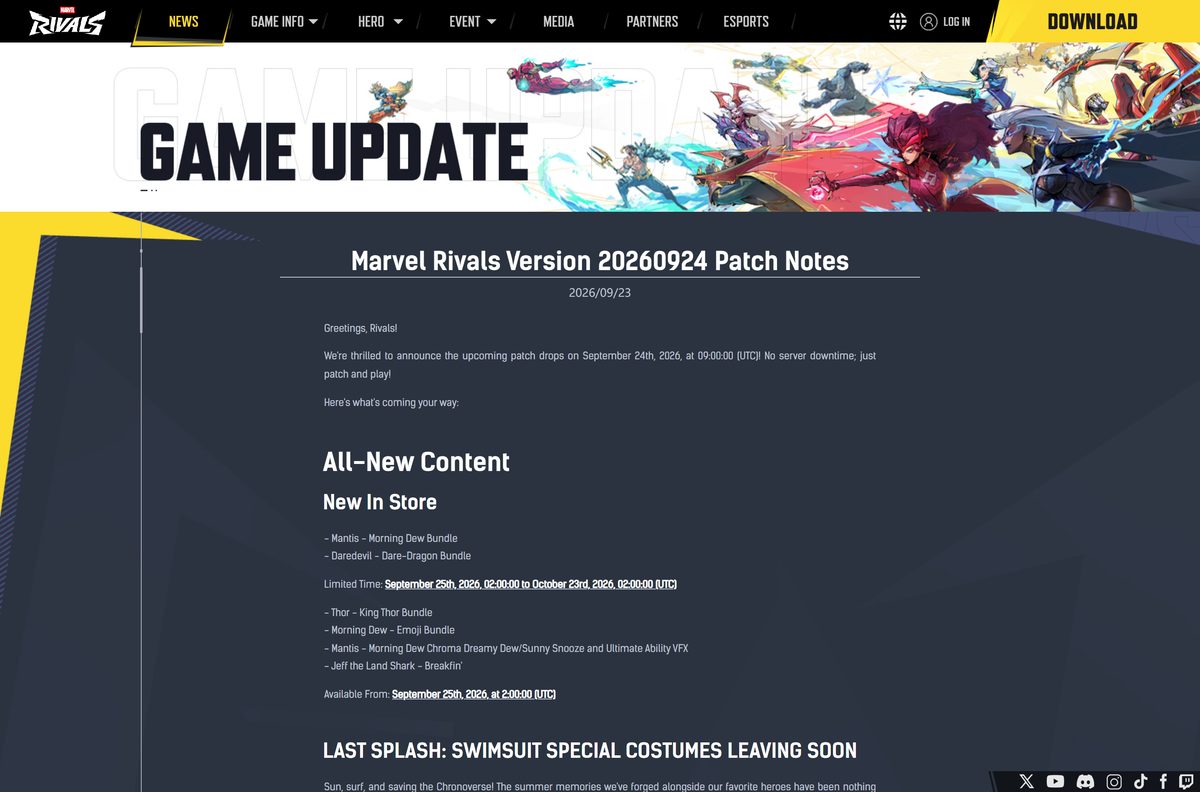 Patch notes page announcing the Version 20260924 update