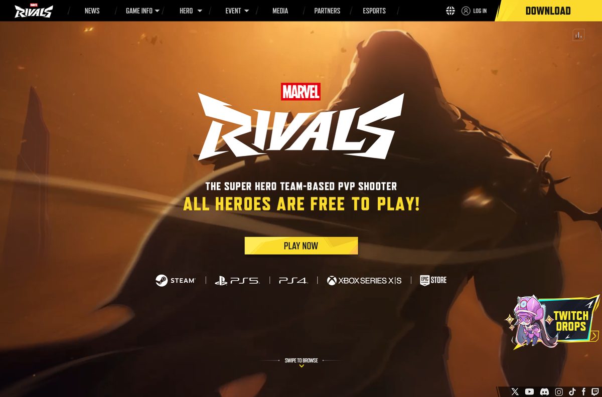 Official Marvel Rivals site with its download menu open