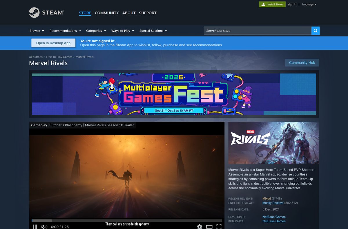 Steam store page for Marvel Rivals with its Play Game button