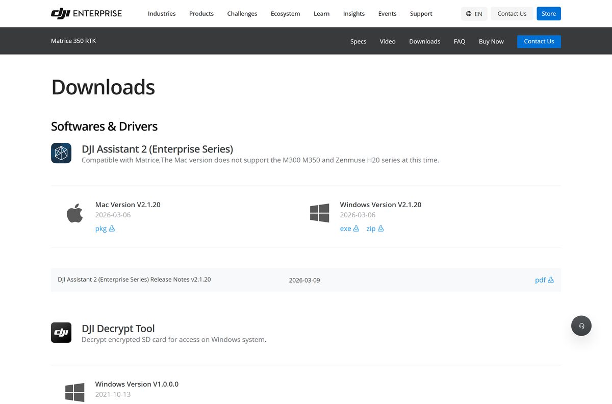 Matrice 350 RTK downloads page listing DJI Assistant 2 Enterprise Series