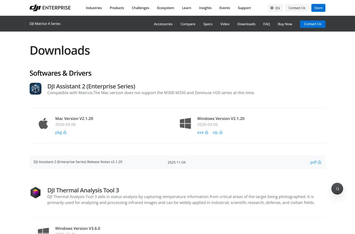 Matrice 4 Series page with DJI Assistant 2 Mac and Windows builds