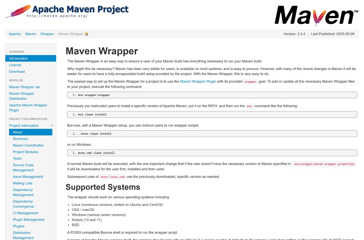 Maven Wrapper documentation explaining the mvnw script for pinned builds