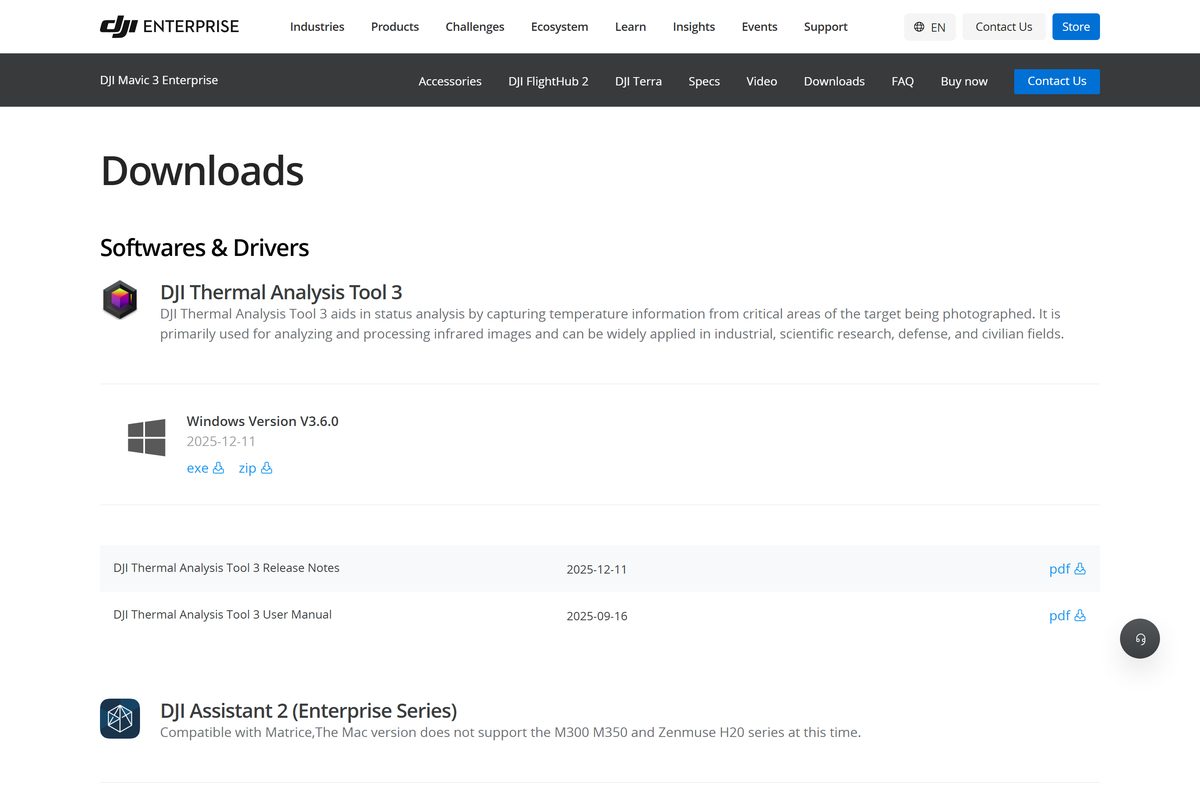 Mavic 3 Enterprise downloads showing the DJI Assistant 2 compatibility note