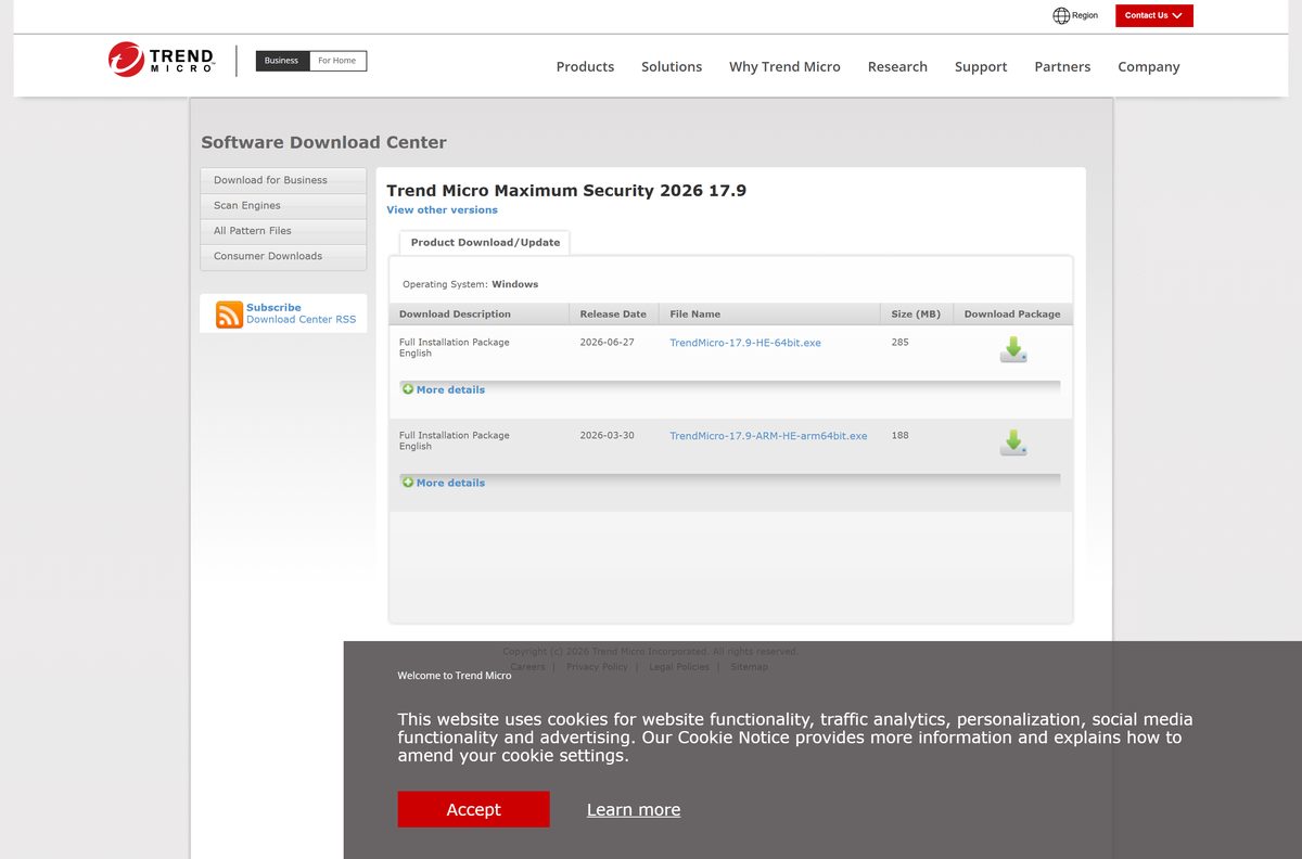 Download entry for Trend Micro Maximum Security 2026 with both Windows installers