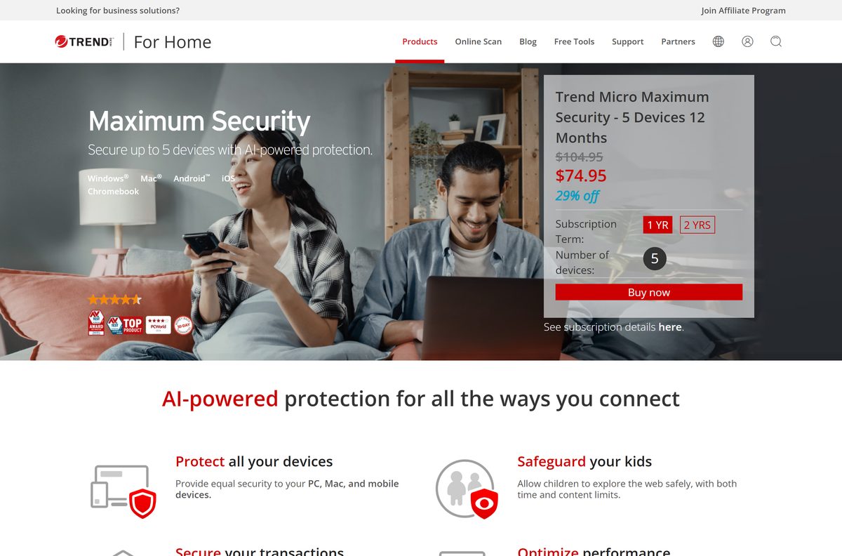 Maximum Security product page showing the five-device plan and yearly price