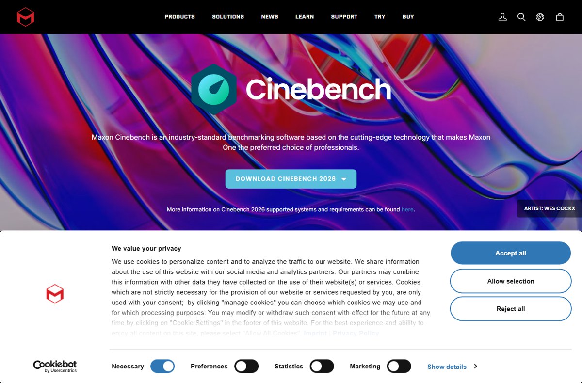 Maxon's Cinebench tab promoting Cinebench 2026 as the top download