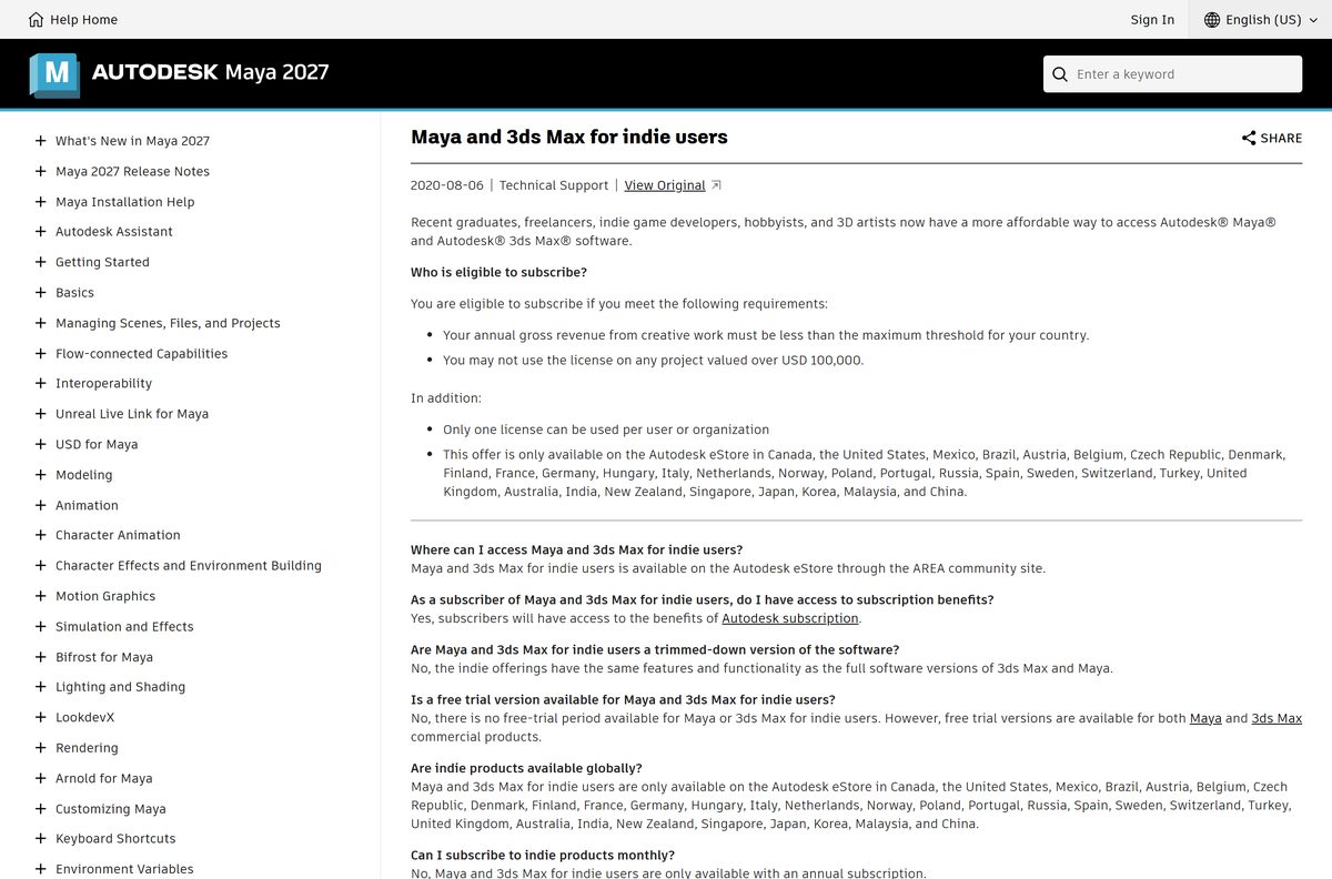 Autodesk FAQ explaining Maya eligibility rules for indie users