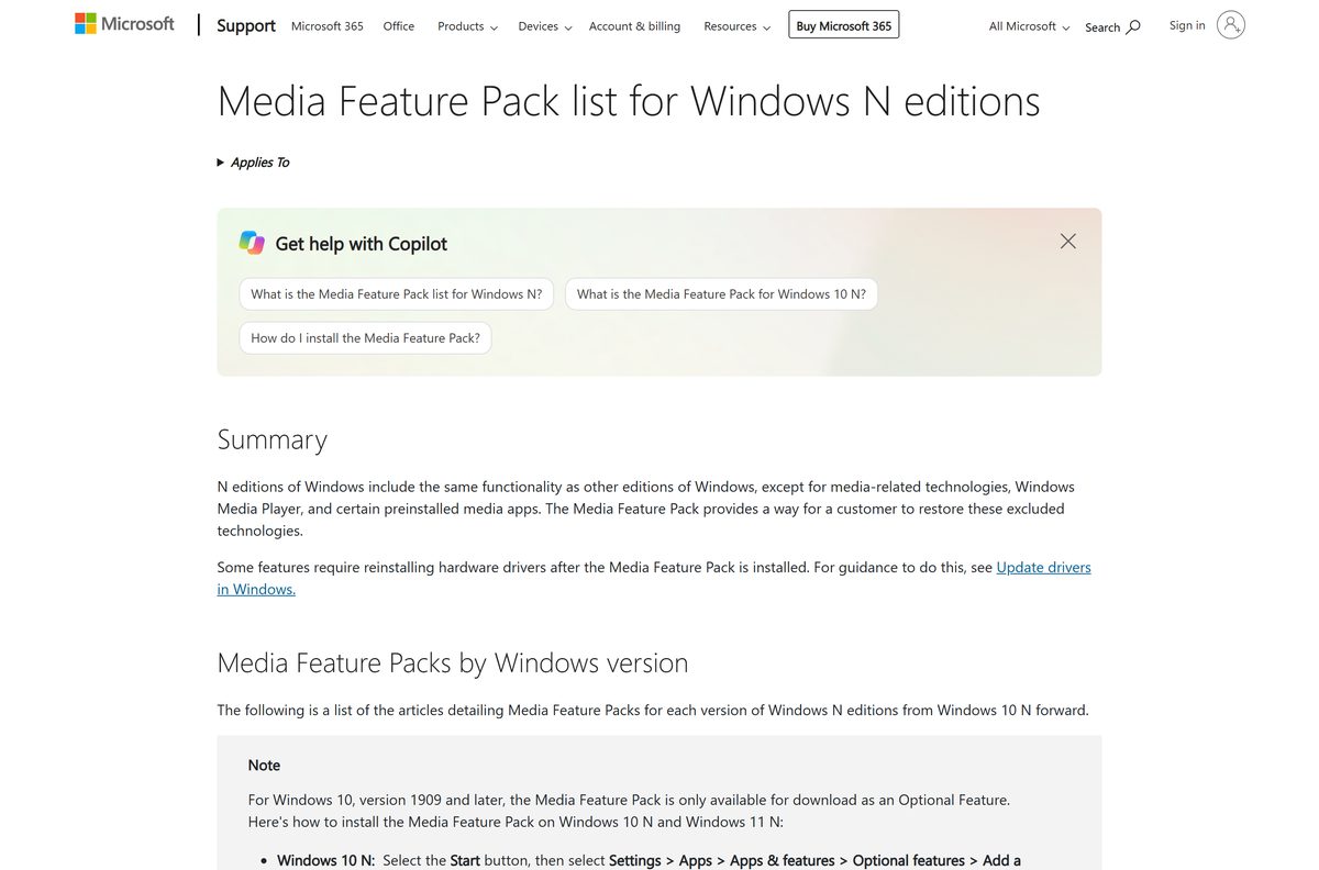 Microsoft Support page listing the Media Feature Pack for N editions