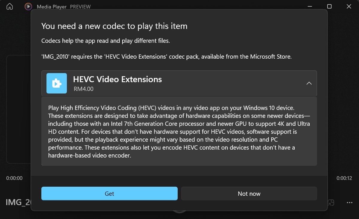 Media Player dialog offering the HEVC Video Extensions codec pack