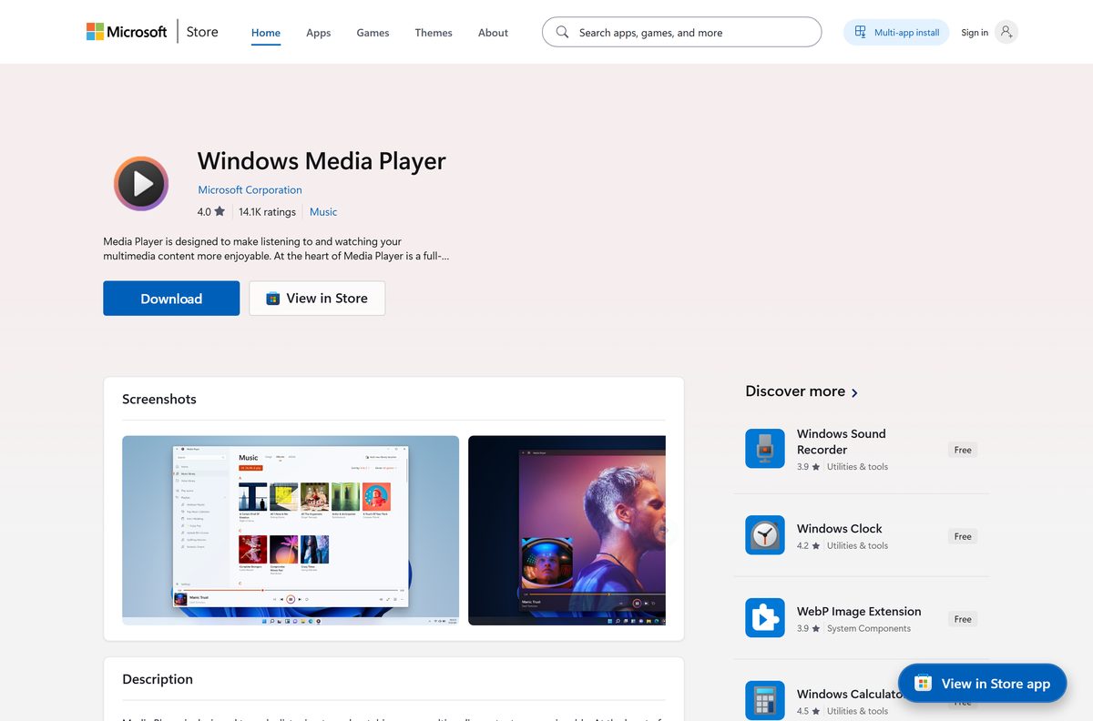 Microsoft Store listing for Windows Media Player with its rating and Get button
