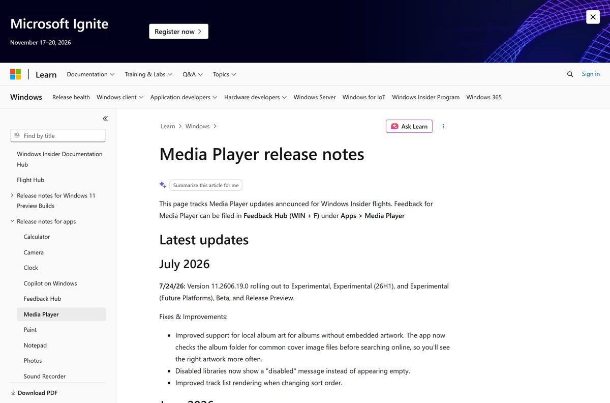 Microsoft Learn release notes listing recent Media Player app flights