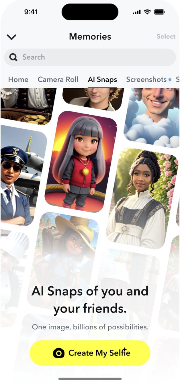 Memories app's AI Snaps tab with a Create My Selfie button